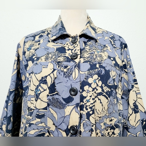 Sara Studio Women's Size Large Button-Up Jacket Blue Beige Floral 100% Cotton - Picture 2 of 10